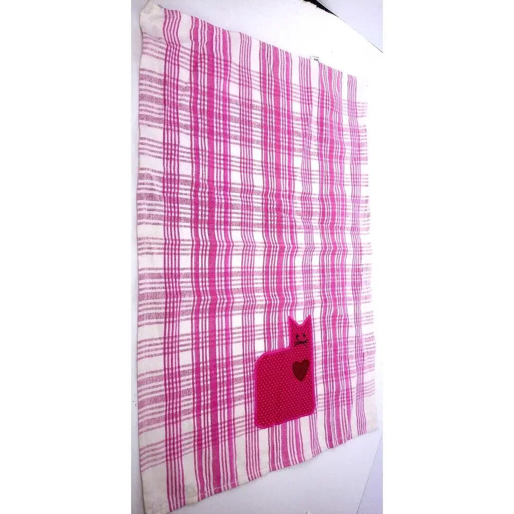 Vintage Pink Plaid Gingham Cat Reversible Tea Hand Towel Cottagecore Applique